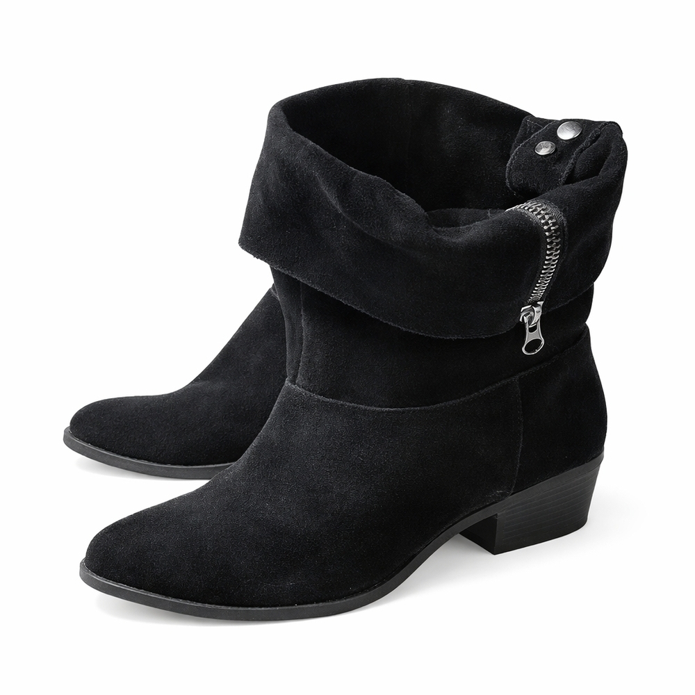 Mossimo Black Suede Fold Over Ankle Boots Size 11 Zipper Low Heel Moto Booties - Picture 2 of 16